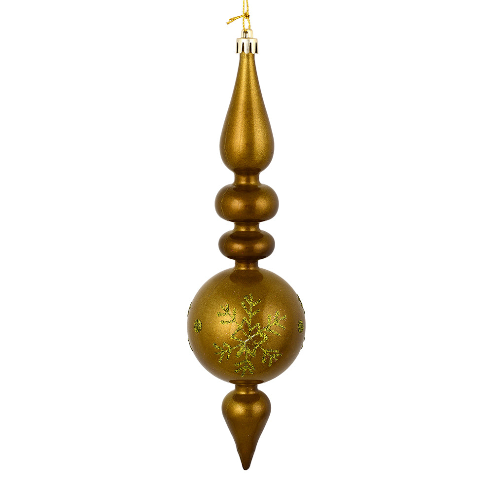 Vickerman 10 by 2.4" Olive Candy Glitter Snowflake Finial 4/Bag. Add some sparkle and shine to your holiday decorating projects with this 10 inch finial ornament. Made with shatterproof plastic. Ornament has a drilled cap secured with green floral wire.