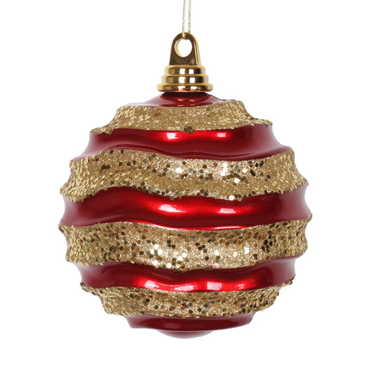 Vickerman 6" Red and Gold Stripe Candy Finish Wave Ball Christmas Ornament with Glitter Accents