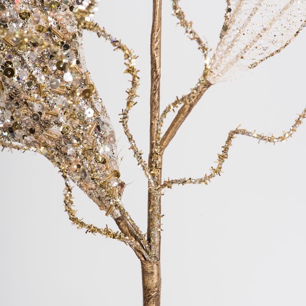 Vickerman 20" Gold Fiddle Leaf Glitter Artificial Christmas Spray. Includes 3 sprays per pack.
