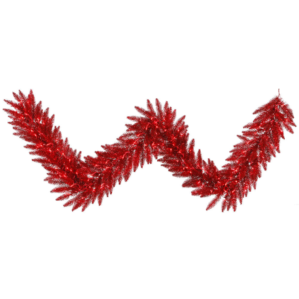 Vickerman 9' Tinsel Red Artificial Christmas Garland Red Dura-Lit LED lights.