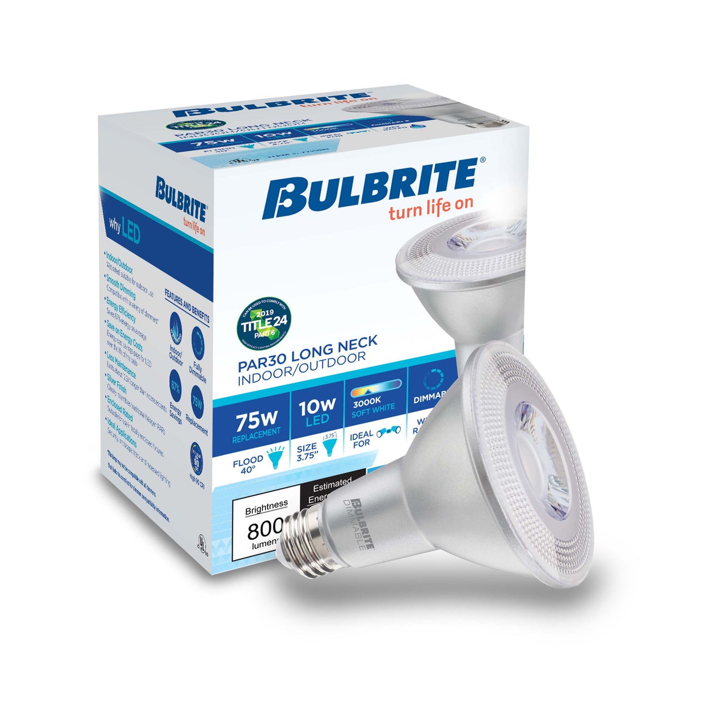 Bulbrite Pack of (6) 10 Watt Dimmable Flood PAR30LN Medium (E26) LED Bulb - 800 Lumens, 3000K, and 90 CRI