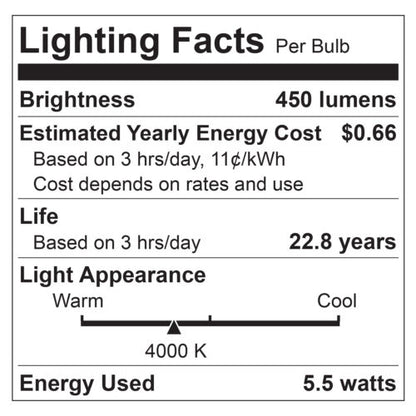 6-Pack Sunlite LED A19 Bulbs 5.5 Watts (40 Watt Equivalent), Dimmable, Medium Base, UL Listed, 450 Lumen, 40K - Cool White, Pack of 6