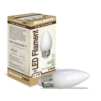 Bulbrite LED Filament Pack of (4) 5.5 Watt Dimmable B11 Light Bulbs with Milky Finish and Medium (E26) Base - 2700K (Warm White Light), 500 Lumens