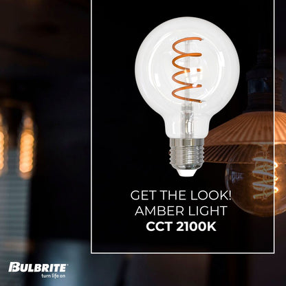 Bulbrite LED Curved Filament Pack of (4) 4.5 Watt Dimmable G25 Light Bulbs with a Clear Finish and Medium (E26) Base - 2100K (Warm Amber Light), 350 Lumens