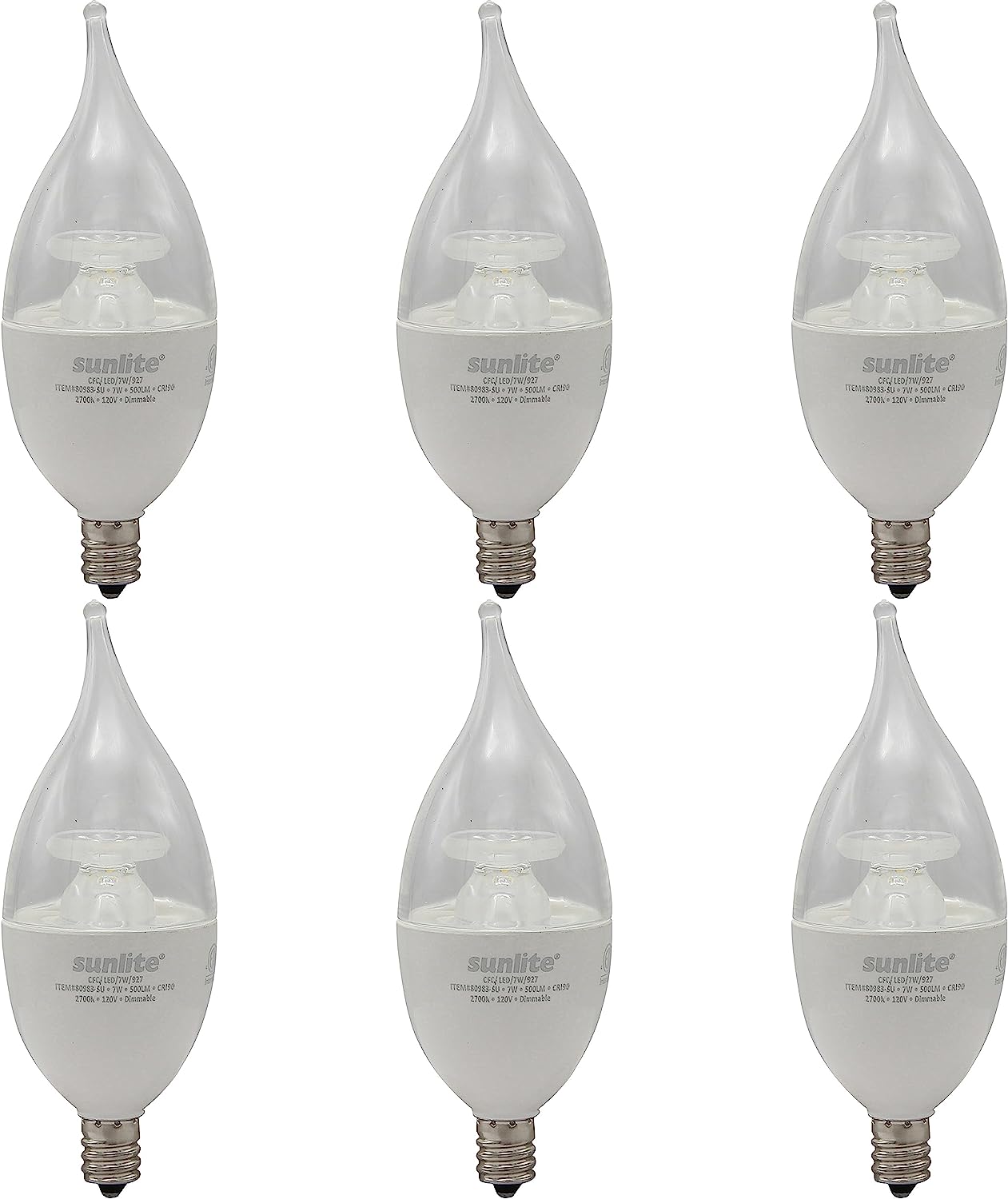 Sunlite LED CA12 Clear Chandelier CFC Light Bulb, 7 Watts (60W=), 500 Lm, 120V, Dmimmable, E12 Base, Energy Star, 90 CRI, ETL Listed, Flame Tip, 2700K Soft White, Title-20 Compliant - 6 Pack