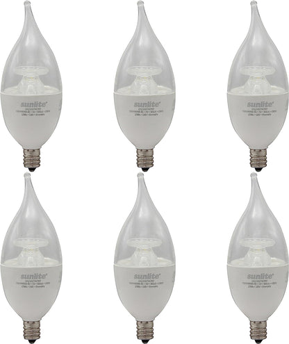 Sunlite LED CA12 Clear Chandelier CFC Light Bulb, 7 Watts (60W=), 500 Lm, 120V, Dmimmable, E12 Base, Energy Star, 90 CRI, ETL Listed, Flame Tip, 2700K Soft White, Title-20 Compliant - 6 Pack