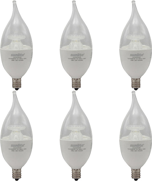 Sunlite LED CA12 Clear Chandelier CFC Light Bulb, 7 Watts (60W=), 500 Lm, 120V, Dmimmable, E12 Base, Energy Star, 90 CRI, ETL Listed, Flame Tip, 2700K Soft White, Title-20 Compliant - 6 Pack