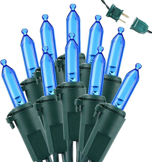 Transparent Blue Christmas Tree Mini Lights, 50 Lights, T1 3/4 Shaped, 16 Foot, Green Wire, Steady Burning and Flashing