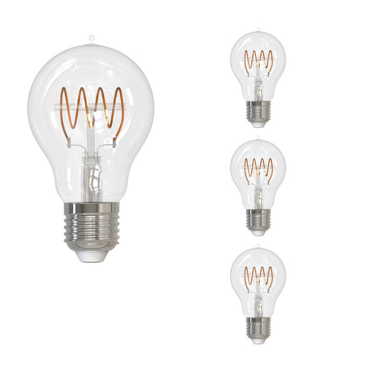 Bulbrite LED A19 Curved Filament Loop, Dimmable E26 Medium Base, Clear Finish, 2100K-Amber Light 4 Watt, 4-Pack