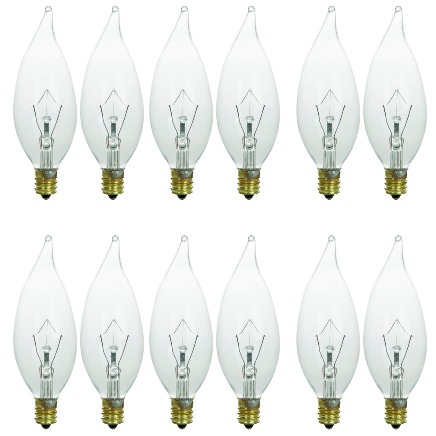 Sunlite 40024-SU 12-Pack Flame Tip Chandelier Bulbs, 25 Watts, Candelabra Base (E12), 120 Volt, Clear, Incandescent, Dimmable, 32K - Warm White