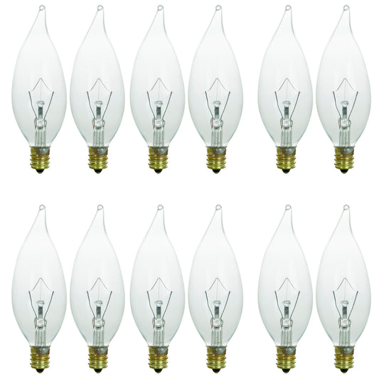 Sunlite 40024-SU 12-Pack Flame Tip Chandelier Bulbs, 25 Watts, Candelabra Base (E12), 120 Volt, Clear, Incandescent, Dimmable, 32K - Warm White