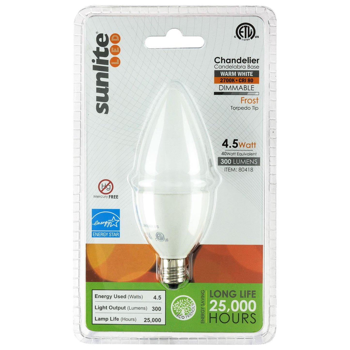 Sunlite LED Torpedo Tip Chandelier 4.5W (40W Equivalent) Light Bulb Candelabra (E12) Base, Warm White