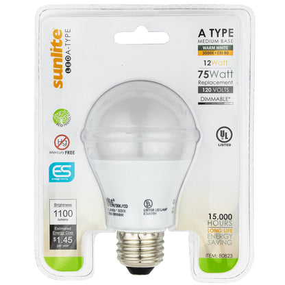 Sunlite A19/LED/12W/50K/CD LED Household 12W (75W Equivalent) Light Bulbs, Medium (E26) Base, 5000K Cool White