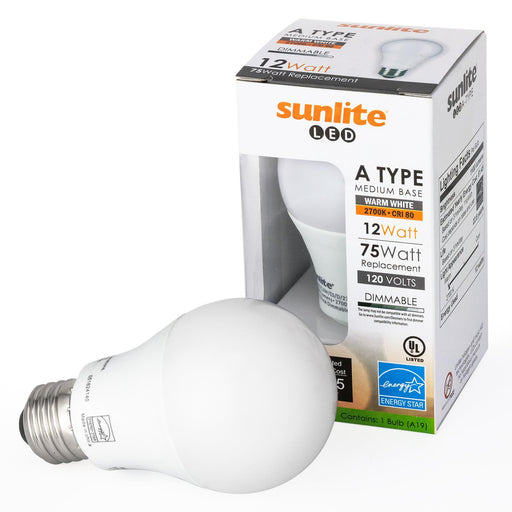 Sunlite A19/LED/12W/ES/D/50K LED A Type Household 12W (75W Equivalent) Light Bulbs Medium (E26) Base, Clear White