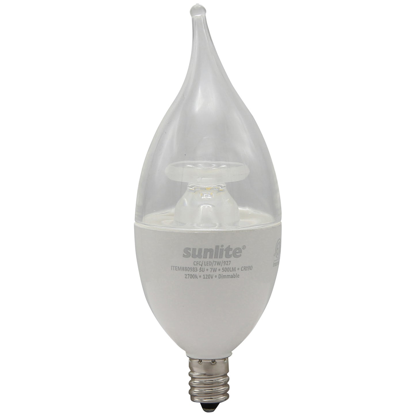 Sunlite LED CA12 Clear Chandelier CFC Light Bulb, 7 Watts (60W=), 500 Lm, 120V, Dmimmable, E12 Base, Energy Star, 90 CRI, ETL Listed, Flame Tip, 2700K Soft White, Title-20 Compliant - 6 Pack