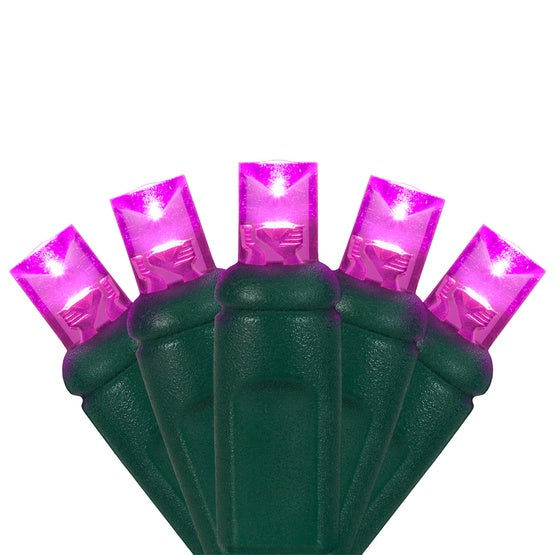 50-LITE 6" SPACING RECTIFIED 5MM CONICAL LED LIGHT SET; PINK BULBS; GREEN WIRE, Approx. 25' Long