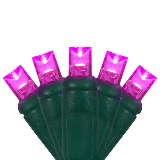 50-LITE 6" SPACING RECTIFIED 5MM CONICAL LED LIGHT SET; PINK BULBS; GREEN WIRE, Approx. 25' Long