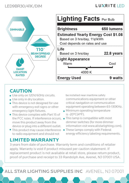 Luxrite LED BR30 Reflector Light Bulb, 9W, 650 Lumens, 4000K - Cool White, 80 CRI, Frosted White Finish, Dimmable (LR31853)