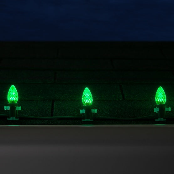 25 Light LED C7 Light Set Green Bulbs on Green Wire, Approx. 16'6" Long