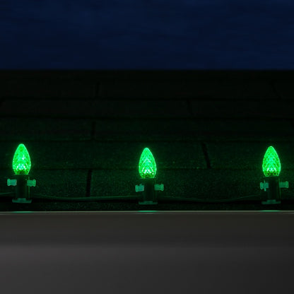 25 Light LED C7 Light Set Green Bulbs on Green Wire, Approx. 16'6" Long