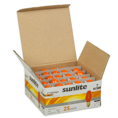 25 Pack Sunlite 7 Watt C7 Colored Night Light, Candelabra Base, Orange