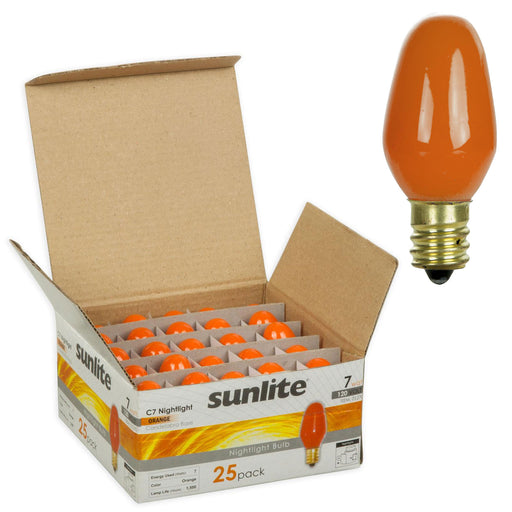 25 Pack Sunlite 7 Watt C7 Colored Night Light, Candelabra Base, Orange
