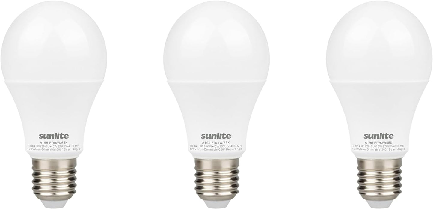 Sunlite LED A19 Light Bulb, 6 Watts (40 Watt Equivalent), 480 Lumens, 120 Volts, Non-Dimmable, 200 Degree Beam Angle, Medium E26 Base, ROHS Compliant, UL Listed, 6500K Daylight, 3 Pack