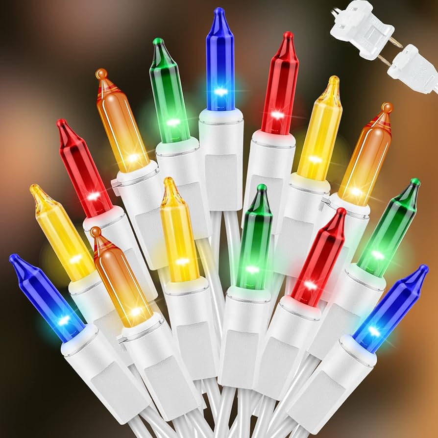 Multi-Colored Christmas Tree Mini Lights, 100 Lights, T1 3/4 Shaped, 21 Foot, White Wire, Steady Burning and Flashing