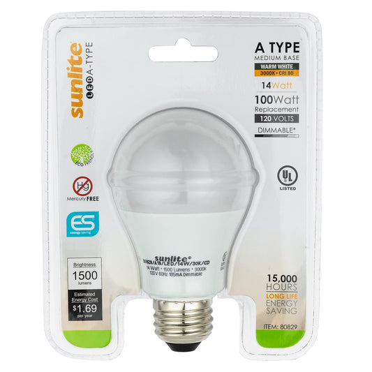 Sunlite A19/LED/14W/50K/CD LED Household 14W (100W Equivalent) Light Bulbs, Medium (E26) Base, 5000K Cool White