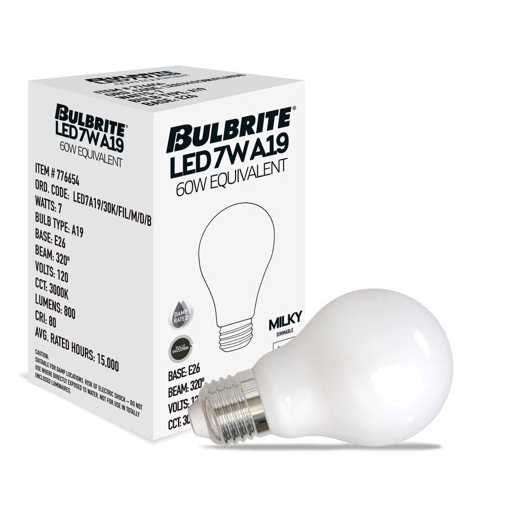 Bulbrite LED Filament Pack of (4) 7 Watt Dimmable A19 Light Bulbs with Milky Finish and Medium (E26) Base - 3000K (Soft White Light), 800 Lumens