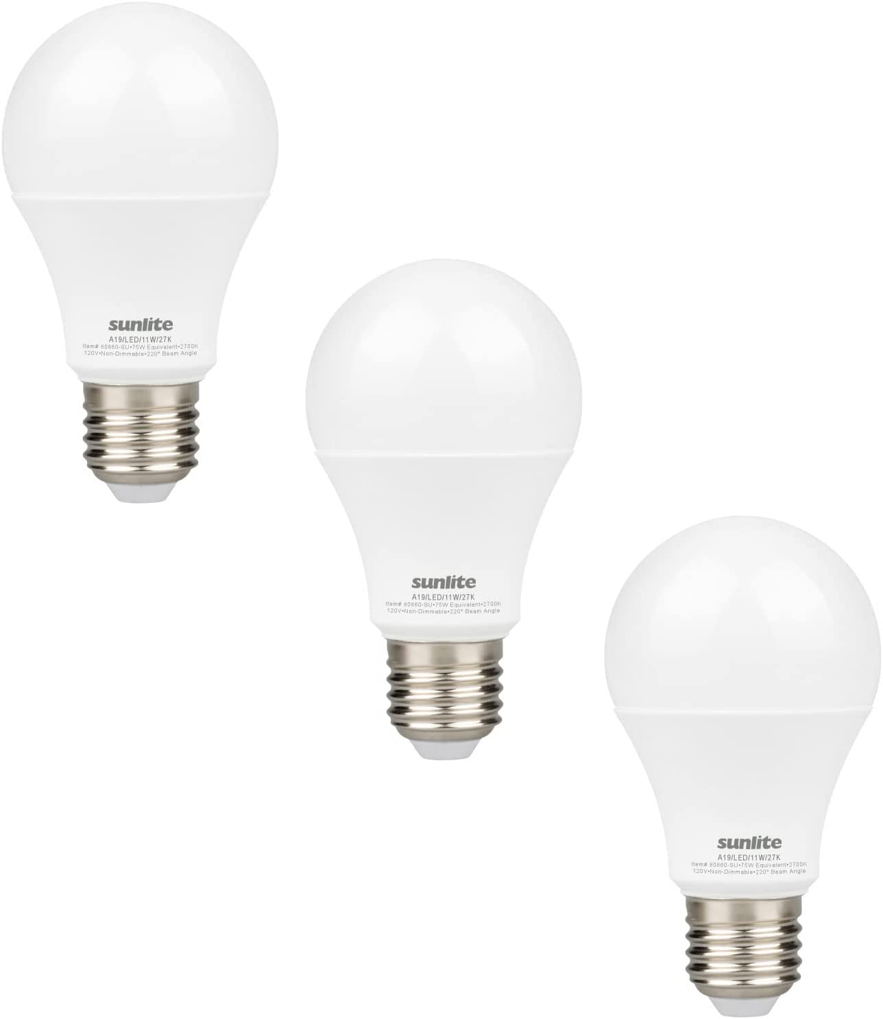 Sunlite 80860-SU LED A19 Light Bulb, Non-Dimmable 11 Watt (75W Equivalent), 1100 Lumens, Medium (E26) Base, UL Listed, 2700K Warm White, 3 Count