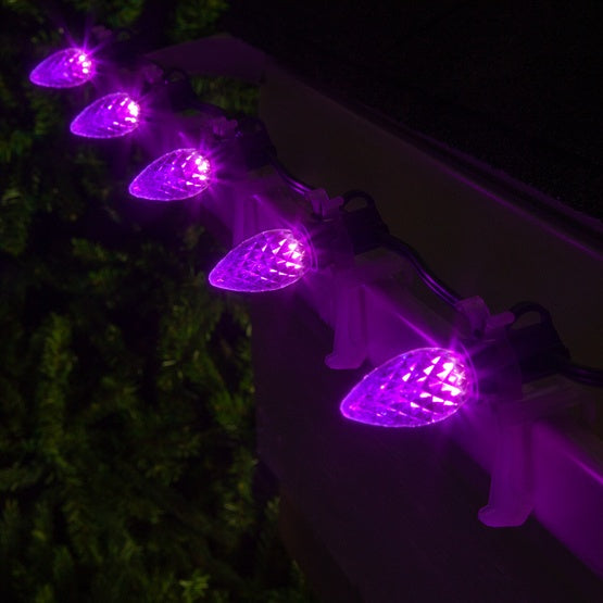 25 Light LED C7 Light Set Purple Bulbs on Green Wire, Approx. 16'6" Long