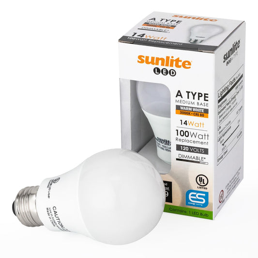 Sunlite A19/LED/14W/30K LED Household 14W (100W Equivalent) Light Bulbs, Medium (E26) Base, 3000K Warm White