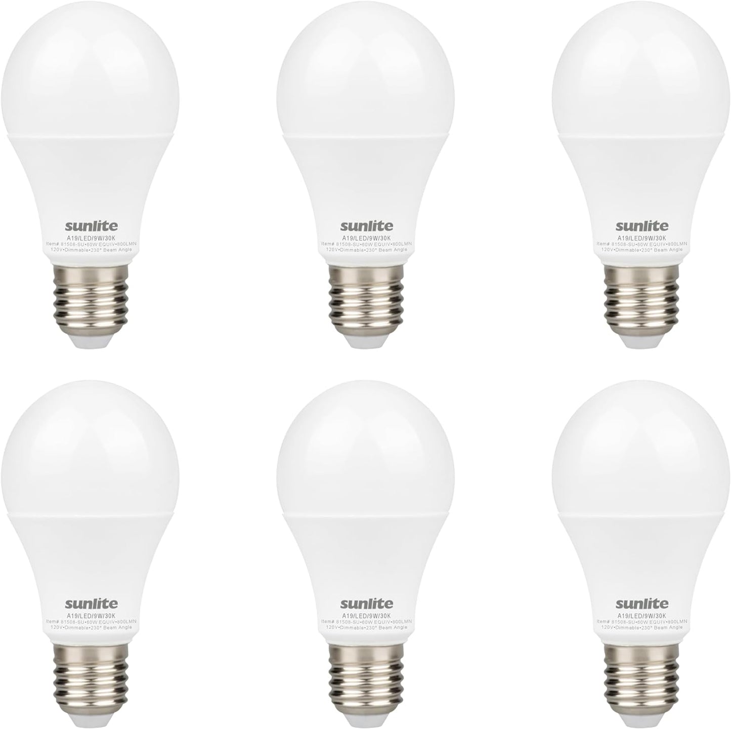 Sunlite LED A19 Light Bulb, 9 Watts (60W Equivalent), 800 Lumens, 120V, Dimmable, Medium E26 Base, Energy Star, 90 CRI, 230 Degree Beam Angle, UL Listed, Title-20 Compliant, 3000K Warm White, 6 Pack