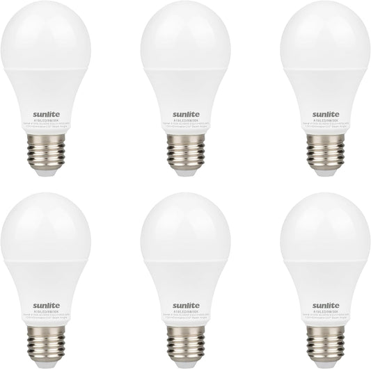 Sunlite LED A19 Light Bulb, 9 Watts (60W Equivalent), 800 Lumens, 120V, Dimmable, Medium E26 Base, Energy Star, 90 CRI, 230 Degree Beam Angle, UL Listed, Title-20 Compliant, 3000K Warm White, 6 Pack