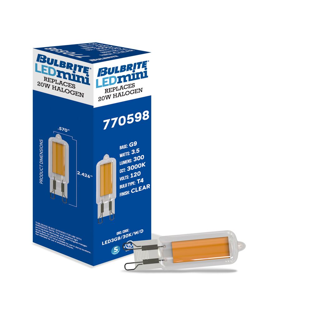 Bulbrite LED Filament Pack of (4) 3.5 Watt Mini T4 Light Bulbs with Clear Finish and Bi-Pin (G9) Base - 3000K (Soft White Light), 300 Lumens