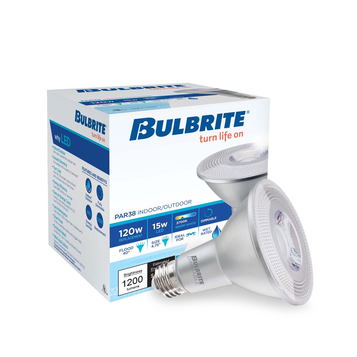 Bulbrite Pack of (2) 15 Watt Dimmable Flood PAR38 Medium (E26) LED Bulb - 1200 Lumens, 2700K, and 80 CRI