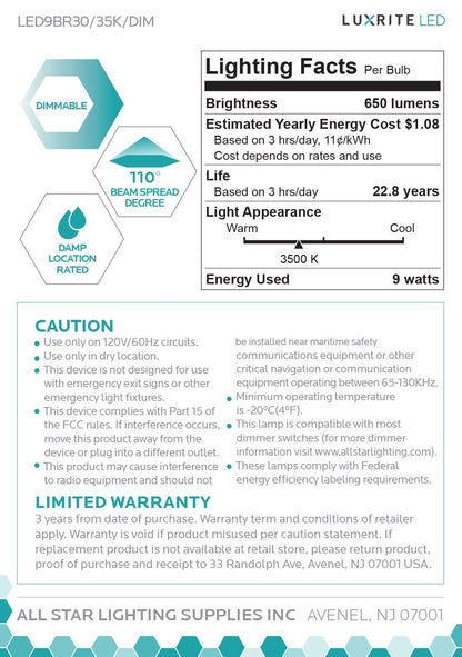 Luxrite LED BR30 Reflector Light Bulb, 9W, 650 Lumens, 3500K - Natural, 80 CRI, Frosted White Finish, Dimmable (LR31852)