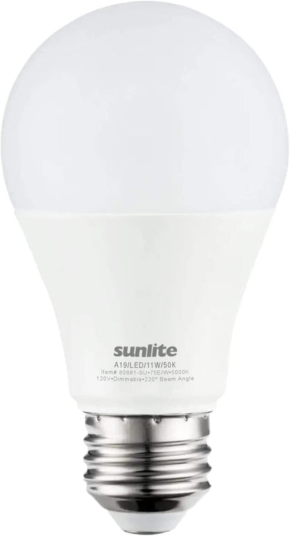 Sunlite 80881-SU LED A19 Standard Light Bulb, 11 Watts (75W Equivalent), 1100 Lumens, Medium Base (E26), Dimmable, UL Listed, Energy Star, 5000K Daylight, 6 Count