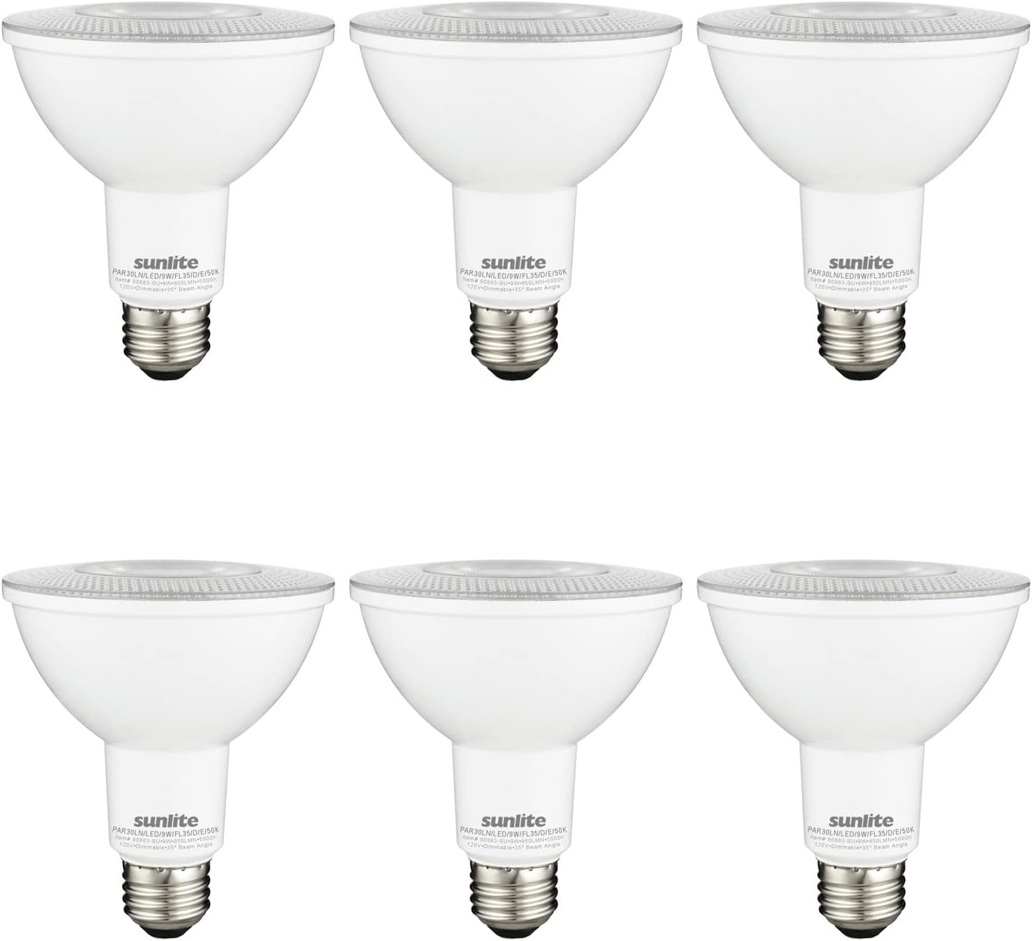 Sunlite 80883 LED PAR30 Long Neck Recessed Light Bulb, 10 Watt, (75W EQ), 800 Lm, Medium (E26) Base, Dimmable, UL Listed, Wet Location, indoor/outdoor, Energy Star Certified, 5000K Super White, 6 Pack