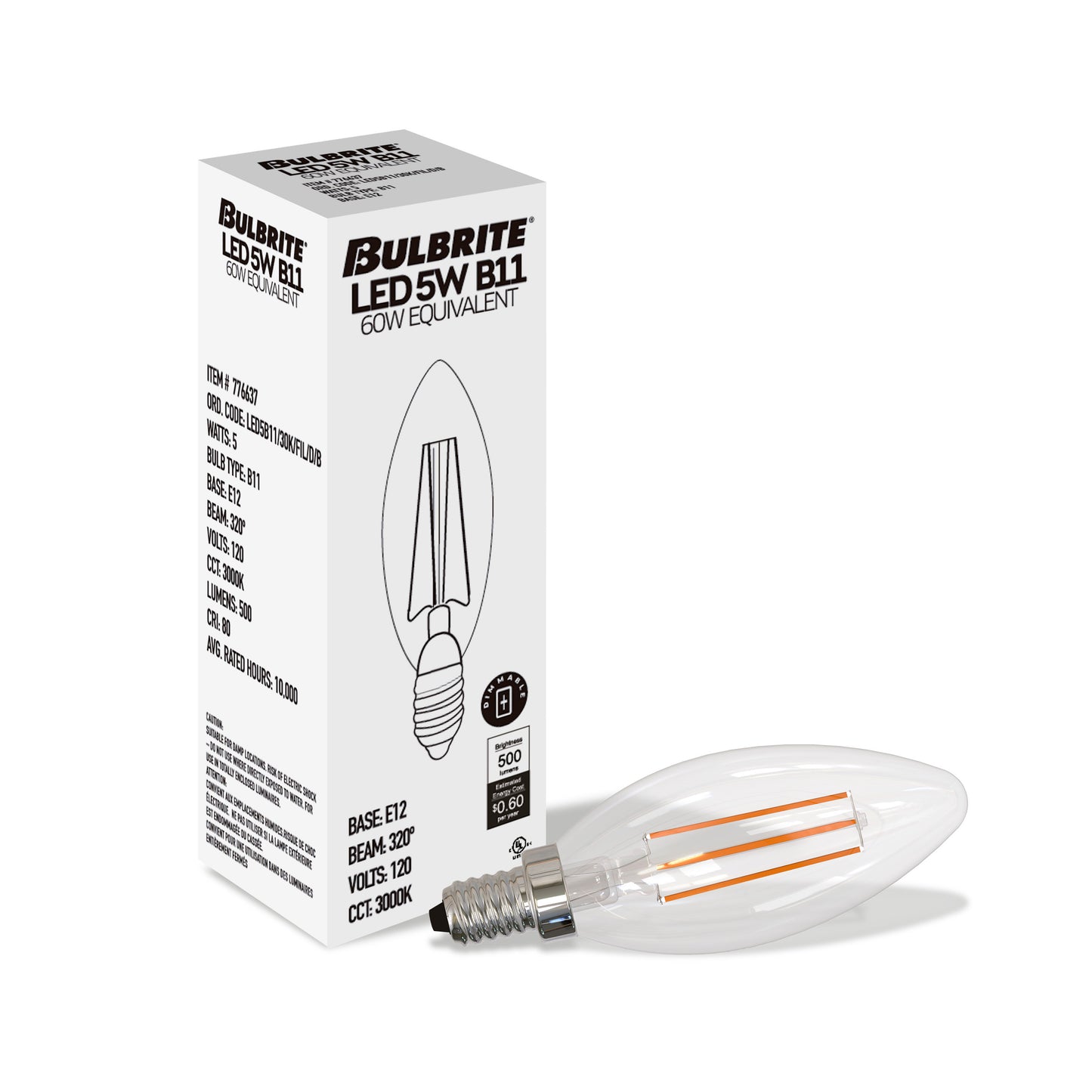 BULBRITE 5W LED B11 3000K FILAMENT E12 DIMMABLE 4PK