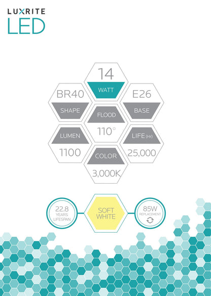 Luxrite LED BR40 Reflector Light Bulb, 14W, 1100 Lumens, 3000K - Soft White, 80 CRI, Frosted White Finish, Dimmable (LR31821)