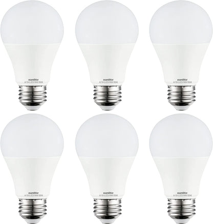 Sunlite 80795 LED A19 Standard Household Light Bulb, 9 Watts (60W Equivalent), 800 Lumens, Medium Base (E26), Dimmable, UL Listed, Energy Star, 90 CRI, Title 20, 5000K Daylight, 6 Count