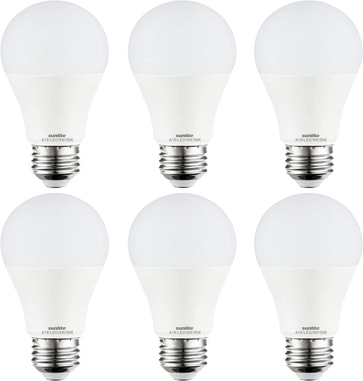 Sunlite 80795 LED A19 Standard Household Light Bulb, 9 Watts (60W Equivalent), 800 Lumens, Medium Base (E26), Dimmable, UL Listed, Energy Star, 90 CRI, Title 20, 5000K Daylight, 6 Count