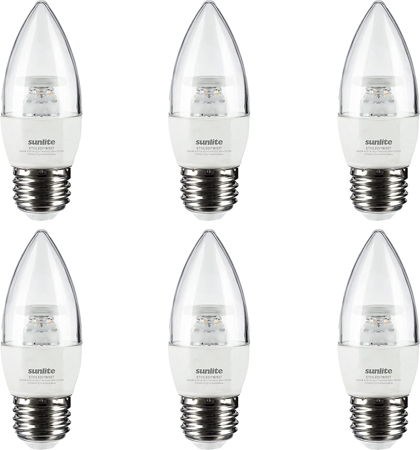 LED Torpedo Tip B10 Clear Chandelier Light Bulb, 7 Watts (60W Equivalent), 500 Lumens, Medium Base (E26), 90 CRI, Dimmable, Energy Star, ETL Listed, 2700K Warm White, 6 Count