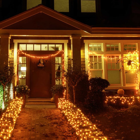 Orange Conical LED Craft Lights on Green Wire - 20 Lights, Approx. 5' Long