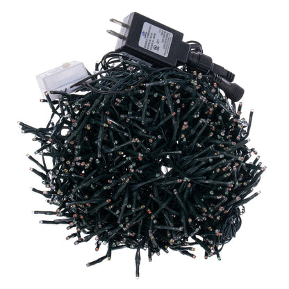 Vickerman 1000Lt LED Multi Cluster Light Set, 34' Long, 8 Function Memory Remote Controlled, Coaxial End Connect up to 3 Sets. Has 8 Hour On/Off Timer, Green Wire with 16' Lead Power Cord to Low Voltage Adapter.  UL Approved for Indoor/Outdoor Use.