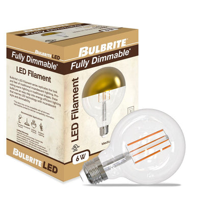 Bulbrite LED Filament Pack of (4) 6 Watt Dimmable G40 Light Bulbs with a Half Gold Finish and Medium (E26) Base - 2700K (Warm White Light), 500 Lumens