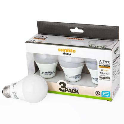 Sunlite A19/LED/12W/65K/3PK LED Household 14W (75W Equivalent) Light Bulbs, Medium (E26) Base, 6500K Cool White, 3 Pack