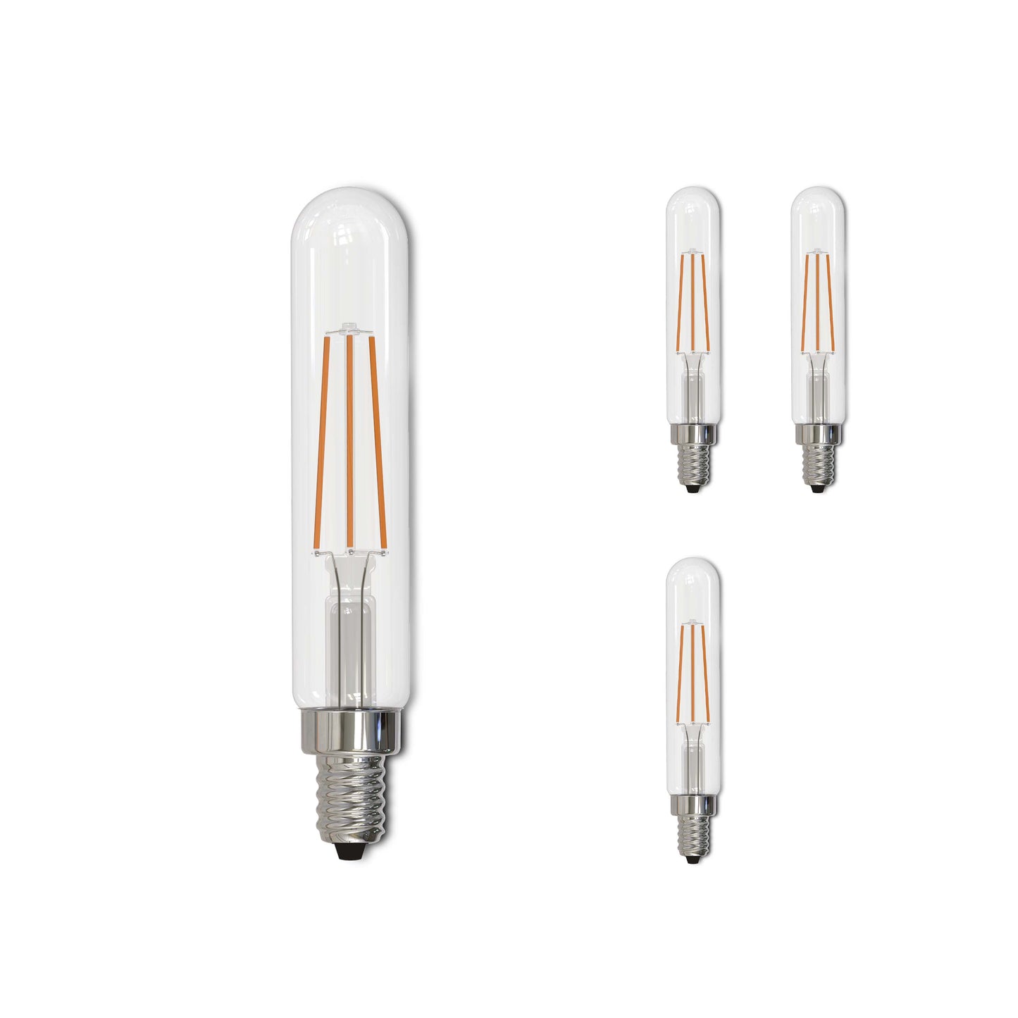 Bulbrite LED Filament Pack of (4) 4.5 Watt Dimmable T8 Light Bulb with Clear Glass Finish and Candelabra (E12) Base - 2700K (Warm White Light), 450 Lumens